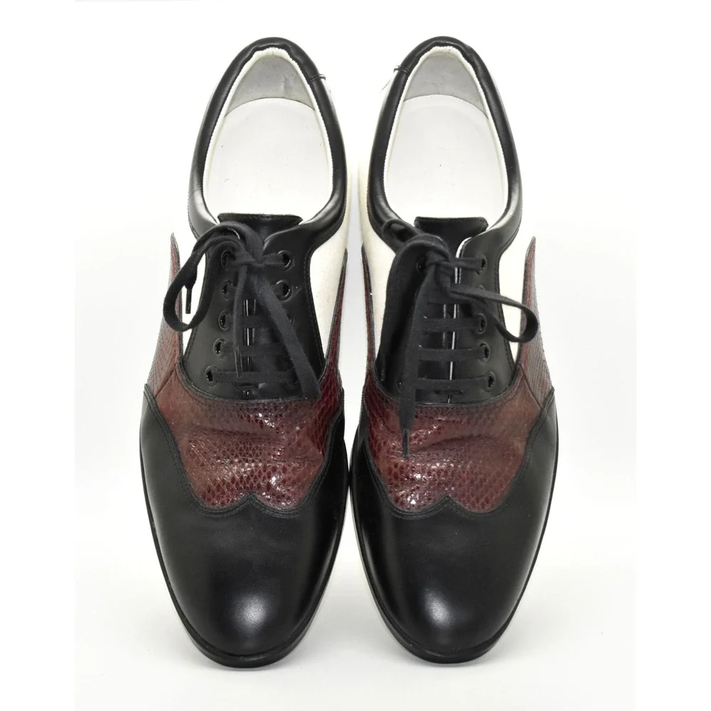 D5 Auth GUCCI Black Burgundy White Snakeskin & Canvas Double G Oxfords Size 11 D